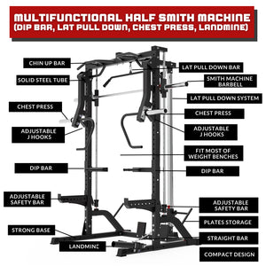 Multifunctional Half Rack Smith Machine Lat Pull Down Chest Press Dip Bar Landmine