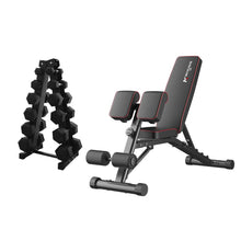 Load image into Gallery viewer, 2.5kg to 15kg (6 pairs - 105kg) Hex Dumbbell &amp; Storage Rack &amp; Adjustable Bench Bundle
