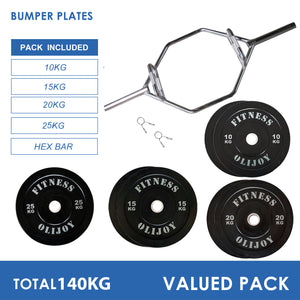 150kg Black Bumper Plates & Hex Trap Barbell Bundle(5/10/15/20/25)&Collar