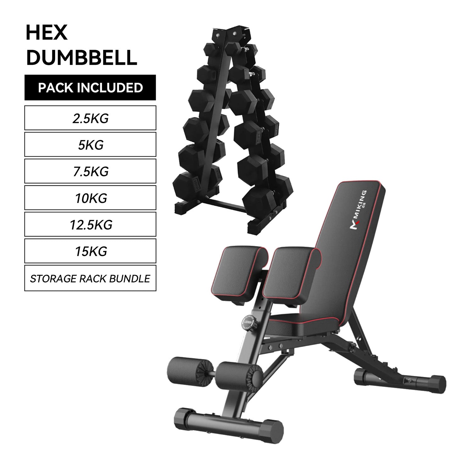 2.5kg to 15kg (6 pairs - 105kg) Hex Dumbbell & Storage Rack & Adjustable Bench Bundle