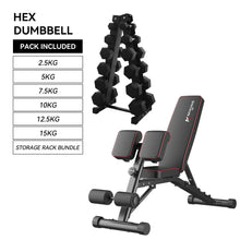 Load image into Gallery viewer, 2.5kg to 15kg (6 pairs - 105kg) Hex Dumbbell &amp; Storage Rack &amp; Adjustable Bench Bundle
