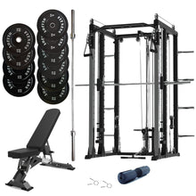 Load image into Gallery viewer, Pre Order Premium Smith Machine Bundle - 150kg Black Bumper Plates, Barbell &amp; Bench
