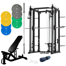 Load image into Gallery viewer, Pre Order Premium Smith Machine Bundle - 100kg Colour Bumper Plates, Barbell &amp; Bench
