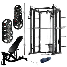 Load image into Gallery viewer, Premium Smith Machine Bundle - 100kg Rubber Weight Plates, Barbell &amp; Bench
