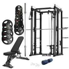 Load image into Gallery viewer, Premium Smith Machine Bundle - 155kg Rubber Weight Plates, Barbell &amp; Bench
