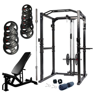 Power Rack Bundle - 150kg Rubber Weight Plates, Barbell & Bench