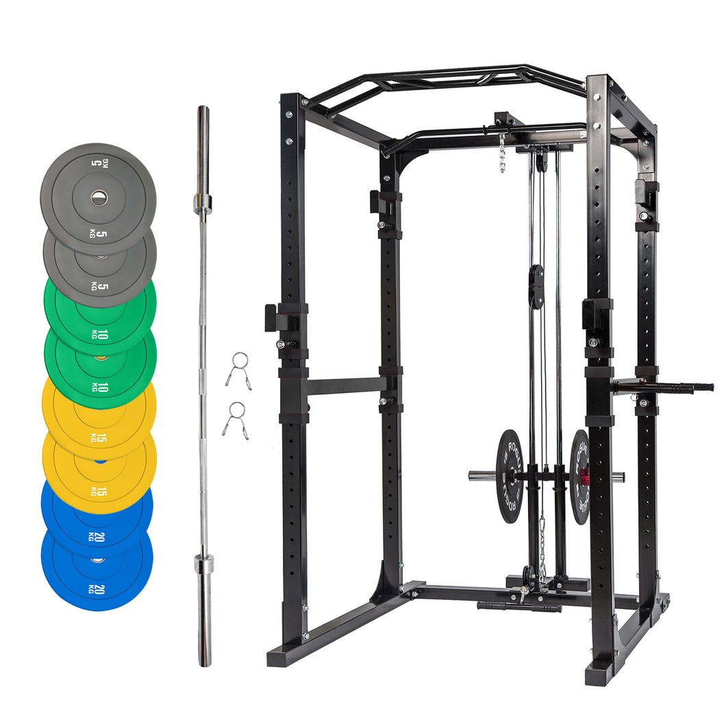 Power Rack Bundle - 100kg Colour Bumper Weight Plates & Barbell