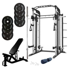 Load image into Gallery viewer, Smith Machine Bundle - 100kg Black Bumper Plates, Barbell &amp; Bench
