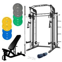 Load image into Gallery viewer, Smith Machine Bundle - 100kg Colour Weight Plates, Barbell &amp; Bench
