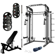 Load image into Gallery viewer, Smith Machine Bundle - 100kg Rubber Weight Plates, Barbell &amp; Bench - Oli Joy Sports 
