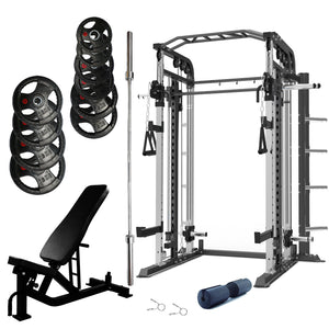 Smith Machine Bundle - 150kg Rubber Weight Plates, Barbell & Bench