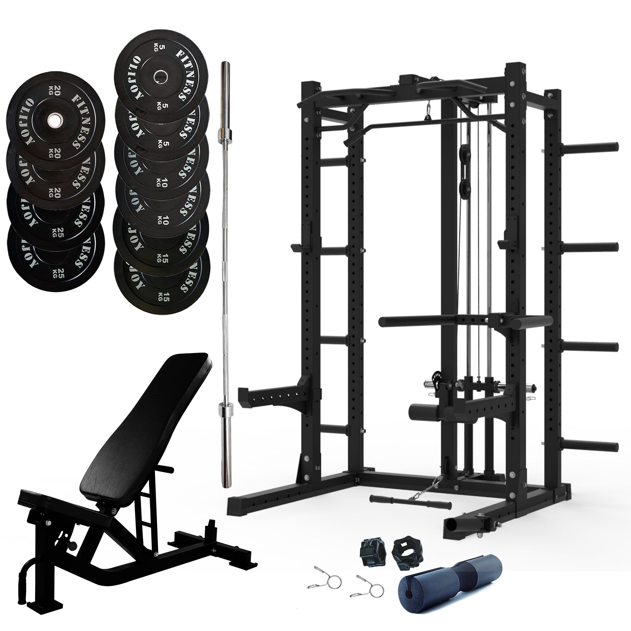 Multifunctional Squat Rack Bundle - 150kg Black Bumper Weight Plates, Barbell & Workout Bench - Oli Joy Sports 