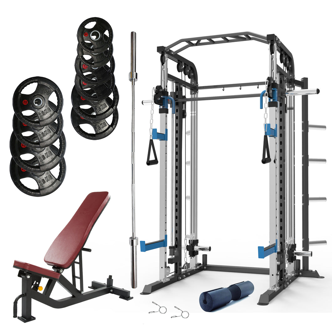 Smith Machine Bundle - 150kg Rubber Weight Plates, Barbell & Bench