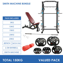 Load image into Gallery viewer, Smith Machine Bundle - 150kg Rubber Weight Plates, Barbell &amp; Bench
