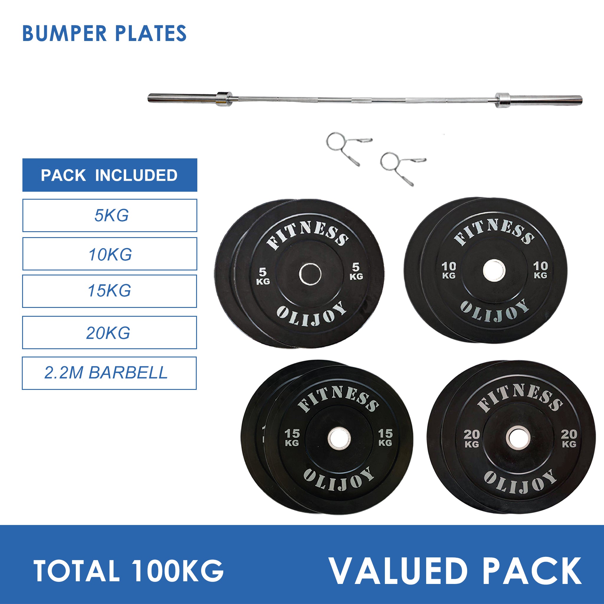 100kg Black Bumper Plates & Barbell Bundle (2.2m bar) - Oli Joy Sports 