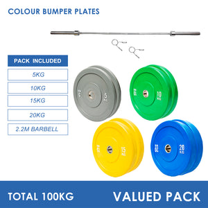 100kg Colour Bumper Plates & Barbell Bundle (2.2m bar)