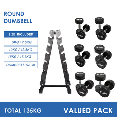 5kg to 17.5kg Round  Dumbbell & Storage Rack Bundle (6 pairs - 135kg)