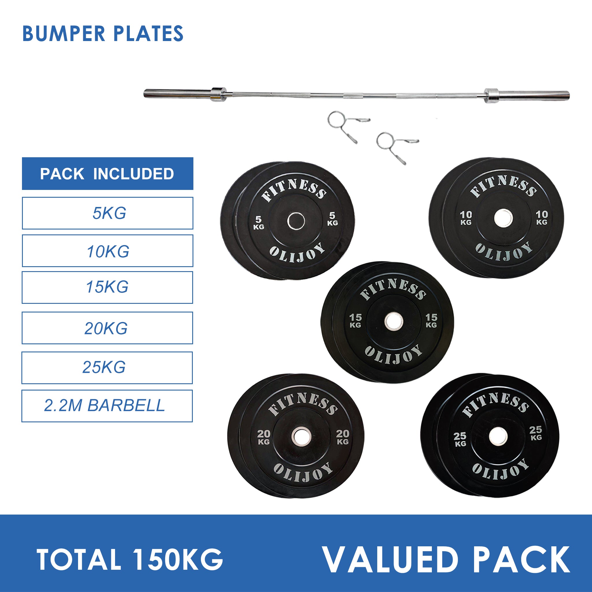 150kg Black Bumper Plates & Barbell Bundle (2.2m bar) - Oli Joy Sports 