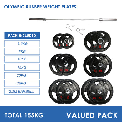 155kg Olympic Weight Plates & Barbell Bundle (2.2m bar) - Oli Joy Sports 