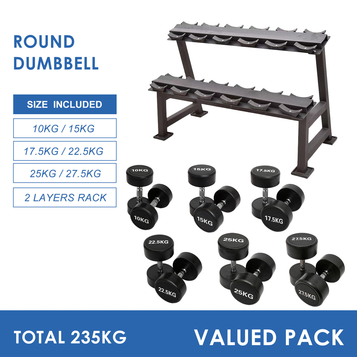 10kg to 27.5kg Round Dumbbell & Storage Rack (6 pairs - 235kg)