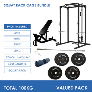 Squat Rack & Lat Pull Down Cage Bundle - 100kg Black Bumper Weight Plates, Barbell & Bench