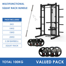 Load image into Gallery viewer, Multifunctional Squat Rack Bundle - 100kg Ruber Weight Plates &amp; Barbell
