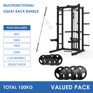 Multifunctional Squat Rack Bundle - 100kg Ruber Weight Plates & Barbell