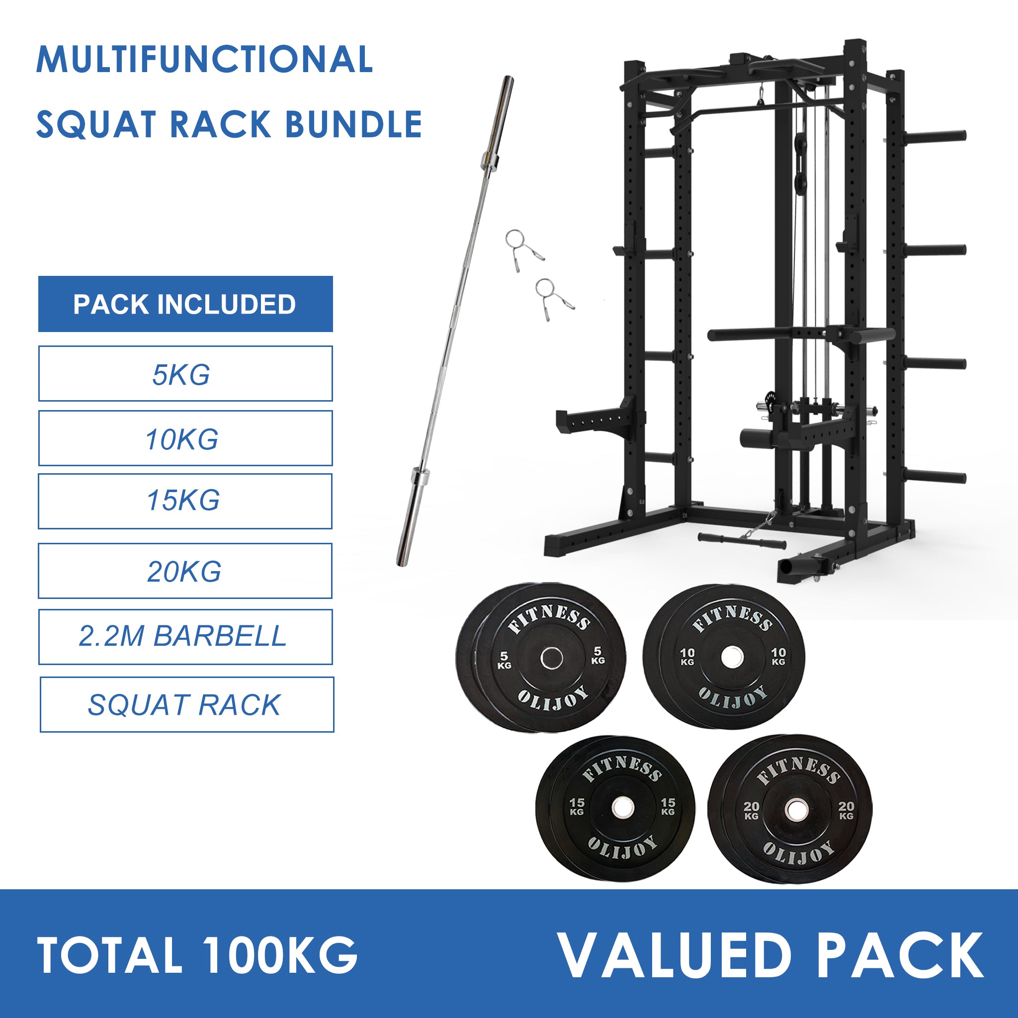 Multifunctional Squat Rack Bundle - 100kg Black Bumper Weight Plates & Barbell - Oli Joy Sports 
