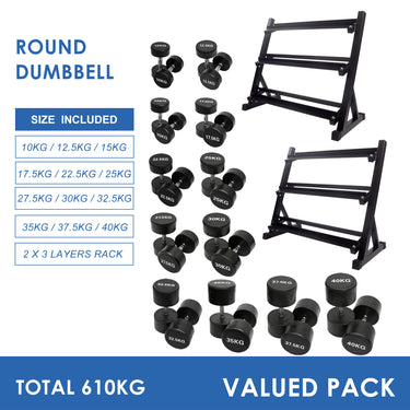 10kg to 40kg Round Dumbbell & Premium Quality Storage Rack Bundle (12 pairs 610kg)