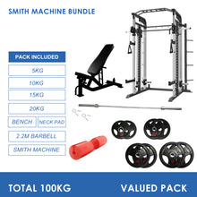 Load image into Gallery viewer, Smith Machine Bundle - 100kg Rubber Weight Plates, Barbell &amp; Bench - Oli Joy Sports 
