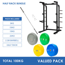 Load image into Gallery viewer, Half Rack Bundle - 100kg Colour Bumper Weight Plates &amp; Barbell
