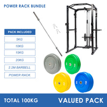 Load image into Gallery viewer, Power Rack Bundle - 100kg Colour Bumper Weight Plates &amp; Barbell
