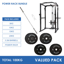 Load image into Gallery viewer, Power Rack Bundle - 100kg Black Bumper Weight Plates &amp; Barbell
