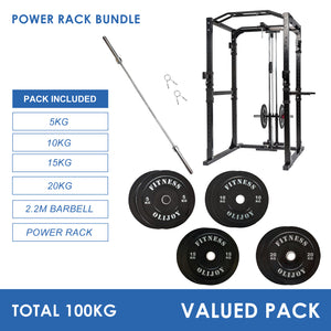 Power Rack Bundle - 100kg Black Bumper Weight Plates & Barbell