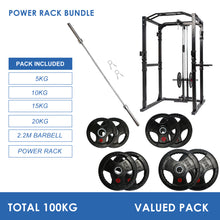 Load image into Gallery viewer, Power Rack Bundle - 100kg Rubber Weight Plates &amp; Barbell
