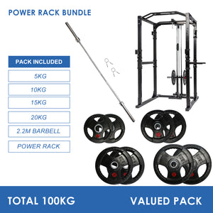 Power Rack Bundle - 100kg Rubber Weight Plates & Barbell