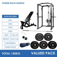 Load image into Gallery viewer, Power Rack Bundle - 150kg Black Bumper Plates, Barbell &amp; Bench
