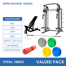 Load image into Gallery viewer, Smith Machine Bundle - 100kg Colour Weight Plates, Barbell &amp; Bench
