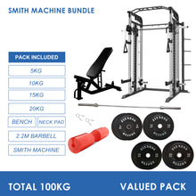 Load image into Gallery viewer, Smith Machine Bundle - 100kg Black Bumper Plates, Barbell &amp; Bench
