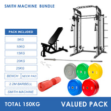 Load image into Gallery viewer, Smith Machine Bundle - 150kg Colour Weight Plates, Barbell &amp; Bench
