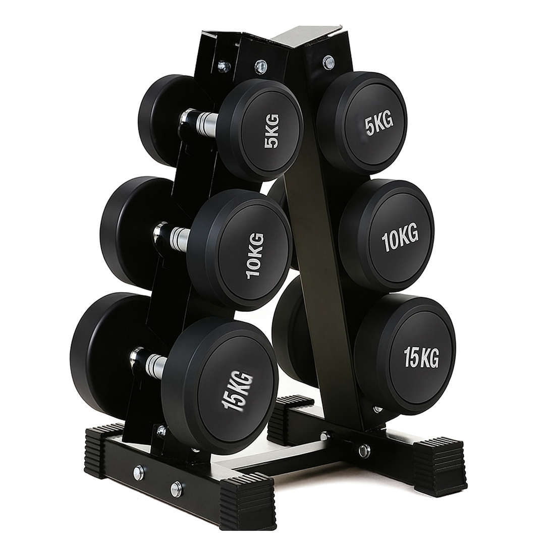 5kg to 15kg Round Dumbbell & Storage Rack Bundle (3 pairs - 60kg)