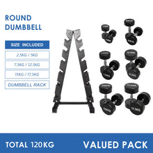 Load image into Gallery viewer, 2.5kg to 17.5kg Round  Dumbbell &amp; Storage Rack Bundle (6 pairs -120kg)
