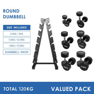 2.5kg to 17.5kg Round  Dumbbell & Storage Rack Bundle (6 pairs -120kg)