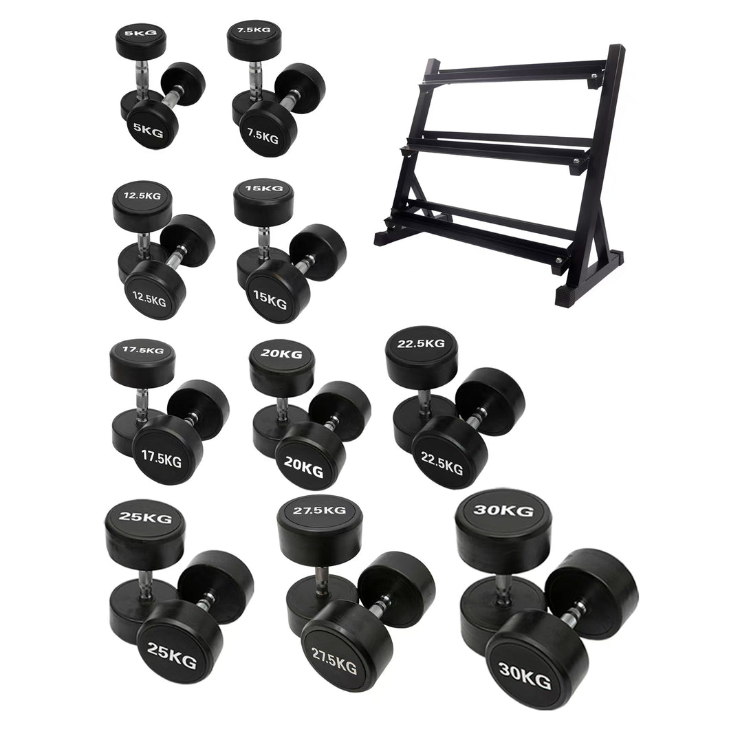 5kg to 30kg Round  Dumbbell & Storage Rack Bundle (10 pairs - 365kg)