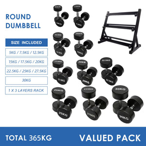5kg to 30kg Round  Dumbbell & Storage Rack Bundle (10 pairs - 365kg)