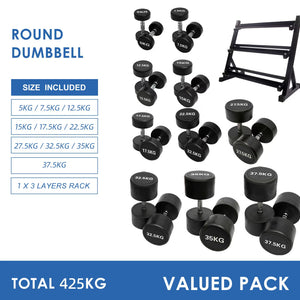 5kg to 17.5kg Round  Dumbbell & Storage Rack Bundle (10 pairs - 425kg)