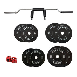 100kg Black Bumper Plates &  Safety Squat Barbell Bundle(5/10/15/20/25)&collar