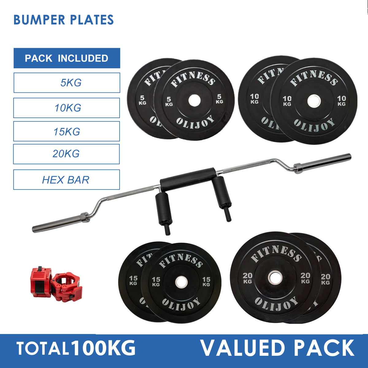 100kg Black Bumper Plates &  Safety Squat Barbell Bundle(5/10/15/20/25)&collar