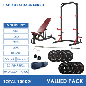 Half Squat Rack Bundle - 100kg Black Bumper Plates, Barbell & Bench
