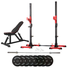 Load image into Gallery viewer, Squat Rack Bundle - 100kg Black Bumper Weight Plates &amp; Barbell &amp; Bench
